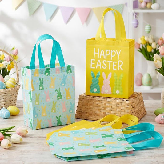 Wovnet 30 Pcs Easter Gift Bags Pastel Colors Easter Bunny Goodie Treat Tote Bags with Handle Reusable Non Woven Rabbit Party Favor Pouch for Spring Party Supplies 10 x 8 x 4in