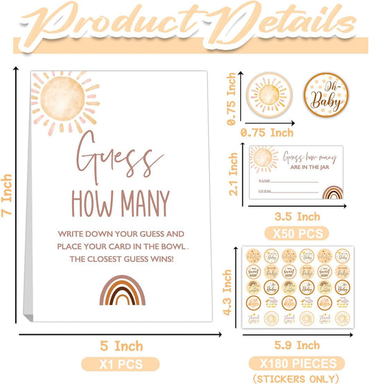 ALodr How Many Kisses Baby Shower Game Set - Boho Standing Sign, 50 Guessing Cards, 180 Kisses Stickers