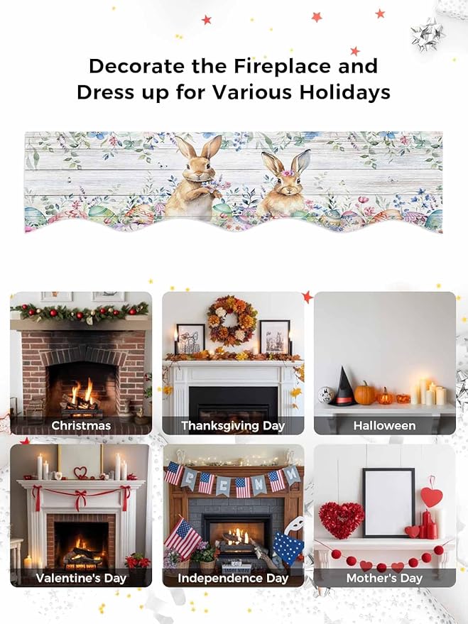 Bunny Easter Fireplace Mantel Scarf Table Runner,Spring Floral Eucalyptus Leaves Weeping Wooden Winter Garland Mantel Top Tablerunners Dresser Scarves Cover for Windows Party Living Room 70"x17"