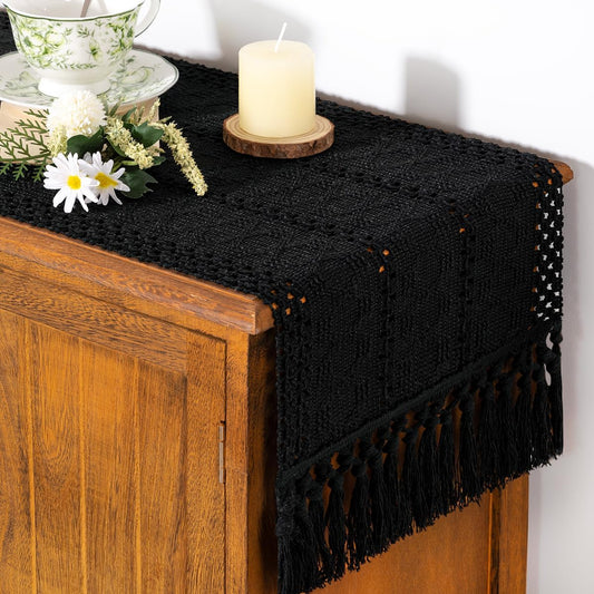 Socomi Boho Table Runner Fall Thanksgiving Farmhouse Rustic Dining Kitchen Centerpiece Decor Small Macrame Woven Cotton Linen Coffee Table Runner for Dresser Scarf Home Decor 12x36 inch Black