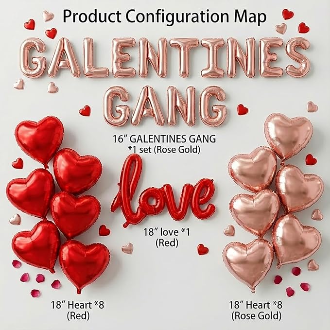 Galentine's Day Party Decorations Kit for Her & Rose Gold "GALENTINES GANG" & Red Heart LOVE Letter Foil Balloons for Women Girls BFF Valentine's Bestie Celebration Decorations
