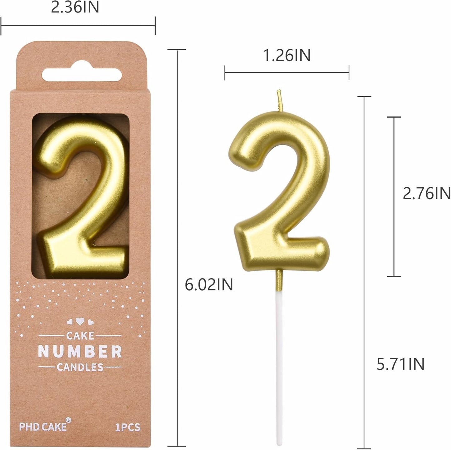 PHD CAKE 2.76 inch Classical Gold 2 Number Birthday Candles, Gold Number Candles, Cake Number Candles, Party Celebration