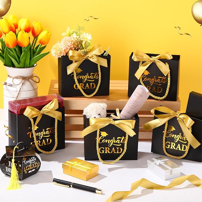 Moinchore 30 Pcs Black Gold Graduation Paper Gift Bags Bulk 5.5 x 4.7 x 2.5'' Mini 2026 Congrats Grad Favor Bags with Handles Bow Ribbon Wrap Graduation Day Party Supplies for College High School
