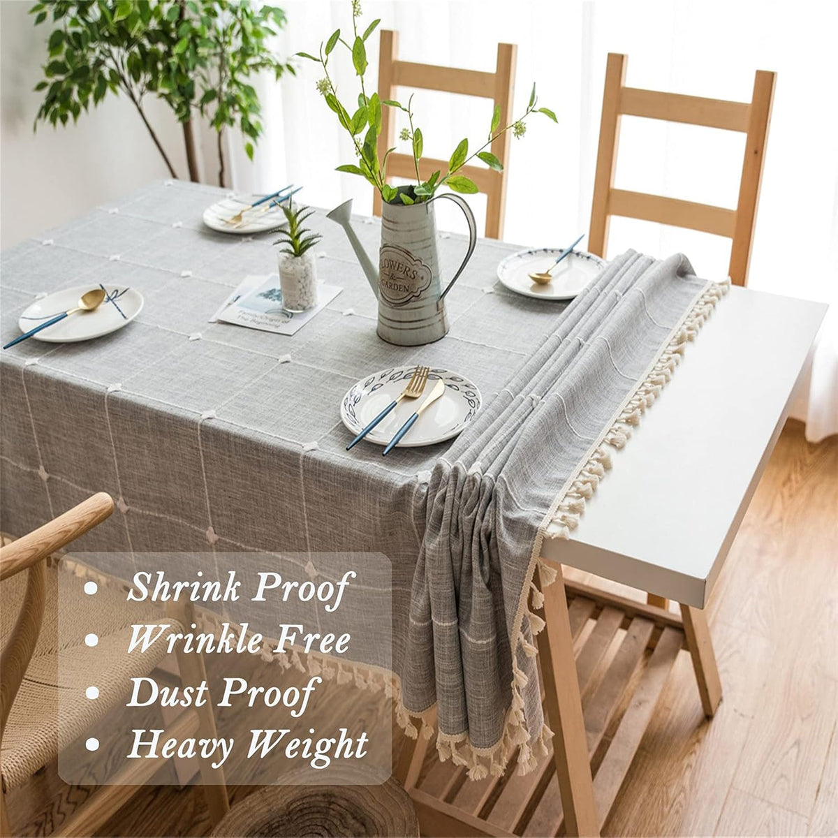 Cotton Linen Tablecloth, Tassel Stitching Table Cloth, Wrinkle Free Farmhouse Table Cover for Kitchen Dining, Party, Holiday (Rectangle, 55''x102'', 8-10 Seats, Plaid Grey)
