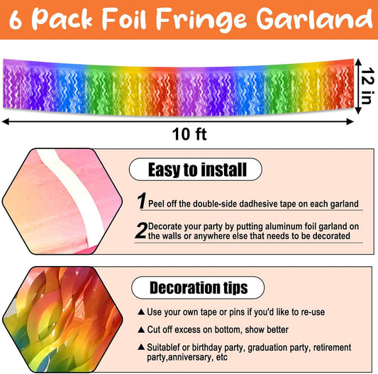 6 Pack 10 Feet Dark Rainbow Wave Foil Fringe Garland Metallic Tinsel Streamers Banner Wall Hanging Curtain Backdrop for Parade Floats, Mother's Day, Easter, Wedding, Birthday Party Decoration