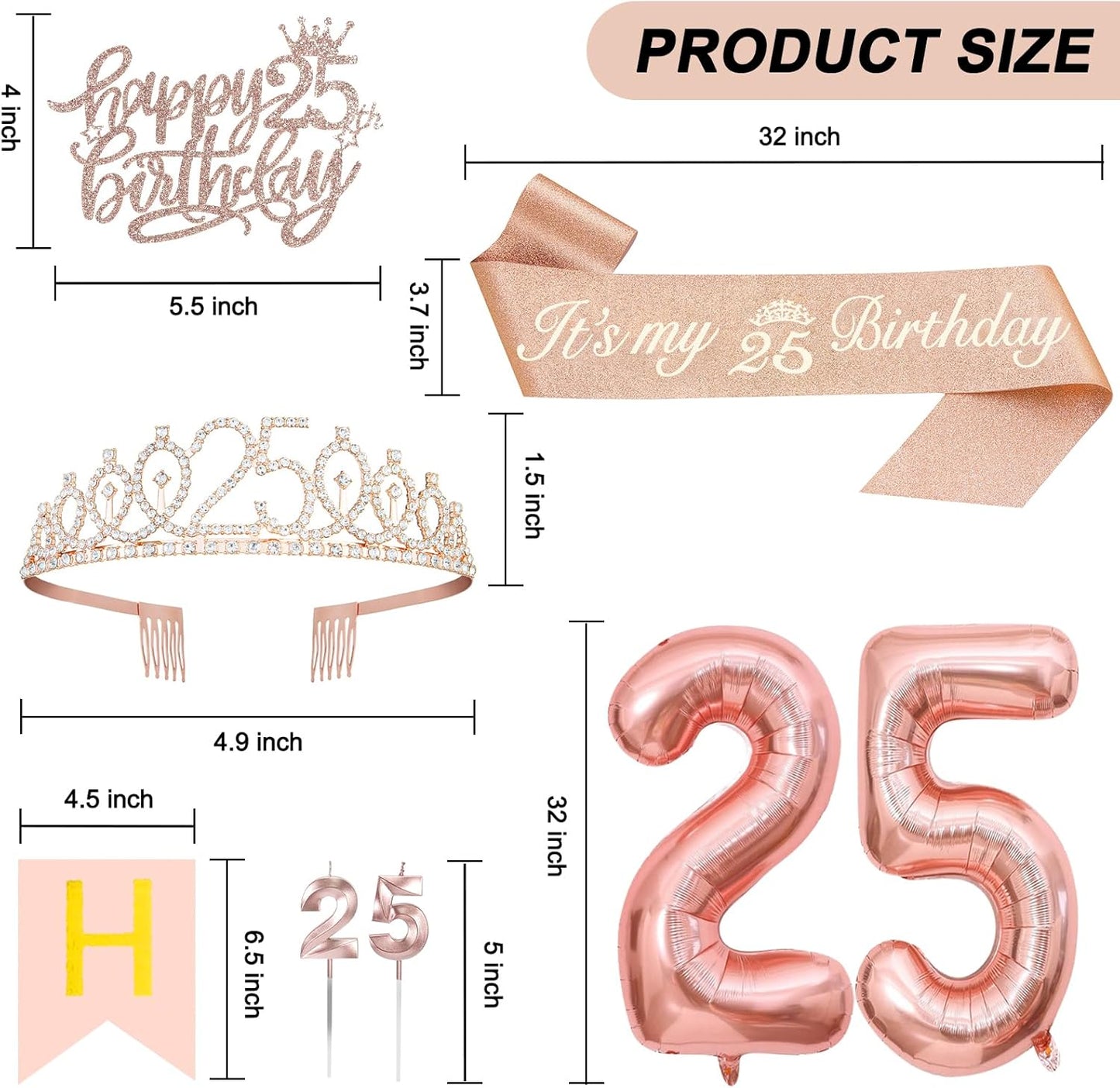 25th Birthday Decorations for Women, Including 25th Tiara and Sash, Happy Birthday Banner, Cake Toppers, Number Candles and Balloons Set, Rose Gold