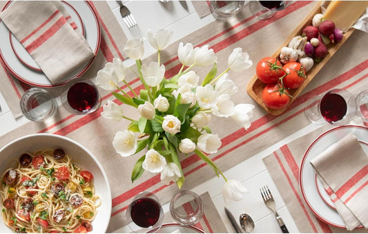 Solino Home Striped Linen Table Runner 108 Inches Long - French Stripe 100% Pure Linen Red and Natural Dining Table Runner 14 x 108 Inch for Fall, Autumn, Christmas