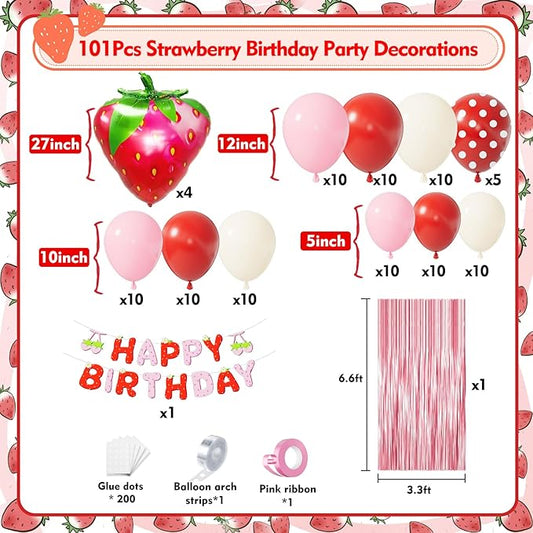 Strawberry Birthday Party Decorations 101pcs, Red Pink Red white Strawberry Balloons with Pink Fringe Curtain Happy Birthday Banner for Sweet Girl Berry First Birthday Baby Shower Party Decor