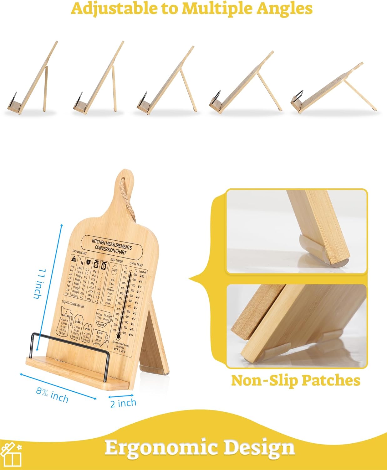 IKEDAS Bamboo Cookbook Stand, Sturdy Cook Book Holder, Recipe Book Holder with Measurement Conversion Chart, Cookbook Stand for Kitchen Counters, Essential Accessories for Holding Cookbooks