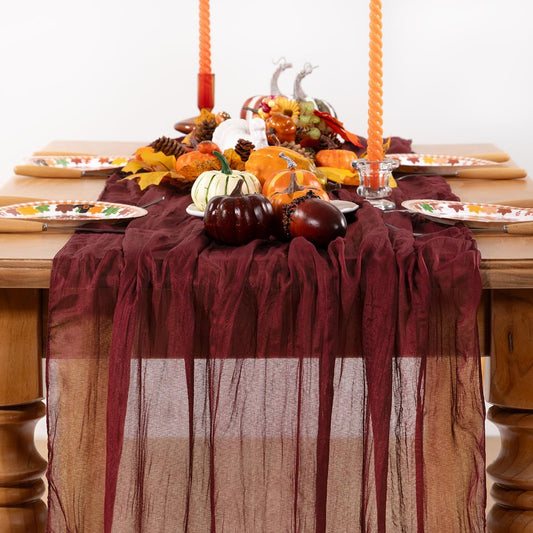Burgundy Red Cheesecloth Table Runner 6 Pack Fall Table Runners Boho Gauze 120 Inches Red Cheese Cloth Fall Table Decorations for Thanksgiving Christmas Weddings Bridal Shower Candlelight