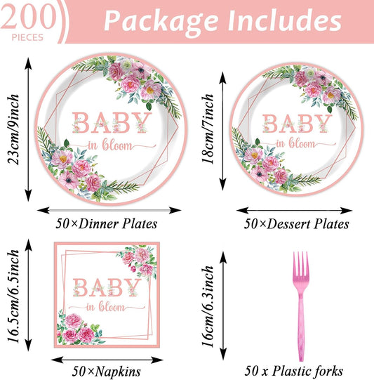 gisgfim 50 Guests Baby in Bloom Party Supplies Baby In Bloom Floral Plates and Napkins Plastic Forks Girl Floral Tableware Pink Flower Paper Plates for Birthday Party 200PCS