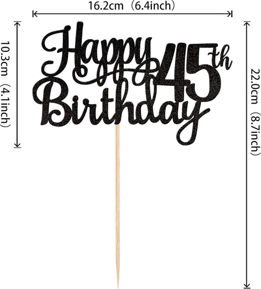 1 PCS Happy 45th Birthday Cake Topper Glitter Cheers to 45 Years Birthday Cake Pick 45 Fabulous Cake Decoration for Happy 45th Birthday Theme Party Decorations Supplies Black