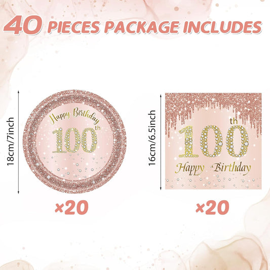 100th Birthday Decorations, Rose Gold Birthday Party Supplies Include 20Pcs Plates 20Pcs Napkins Sweet One Hundred Year Old Birth Party Tableware for Girl Ladies Women