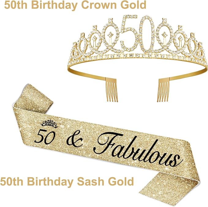 50th Birthday Decorations for Her with 50th Birthday Crown, 50 Sash for Women, Candles Gold, Gifts for 50 Year Old Woman