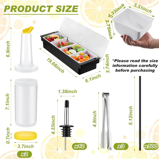 Mifoci Garnish Tray with Lid Bar Caddy 3 Tier Glass Rimmer 12 Stainless Steel Bottle Pourers 2 Plastic Juice Pour Bottles 1000 Count Cocktail Straws 3 Serving Tongs(4 Compartments,Plastic)