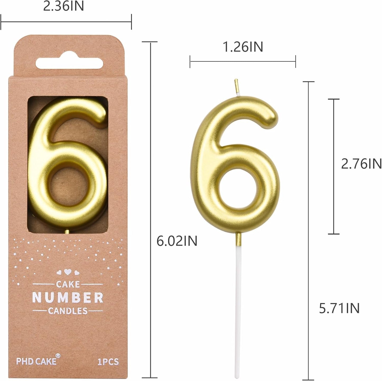 PHD CAKE 2.76 inch Classical Gold 6 Number Birthday Candles, Gold and Cake Number Candles for Party Celebration