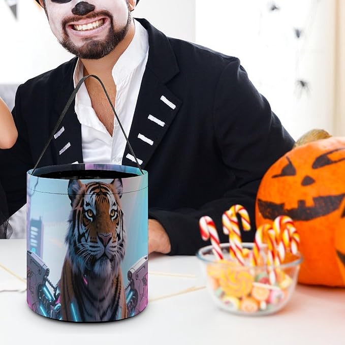 Halloween Candy Bucket - Cyber Hippie Tiger Trick Or Treat Candy Bag, Gift Bag for Party Favor Supplies