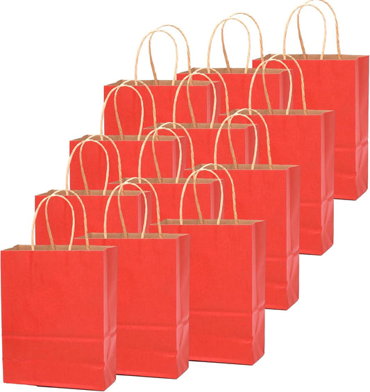 qiqee 100PCS Gift Bag with Handles Bulk Kraft Red Paper Bags Multiple Uses (11"x5"x8"inch Medium Size)