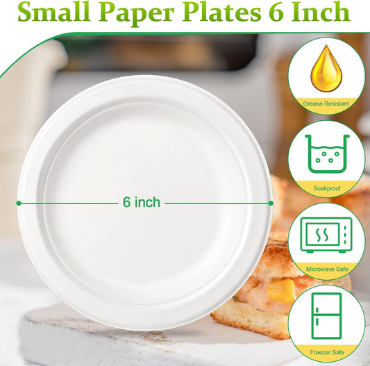 300 Pack Small Compostable Paper Plates, 6 inch, Made from Sugarcane Fibers, Recycled, White