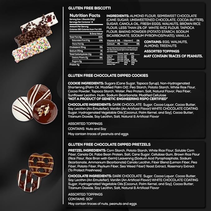Gluten Free Palace Assorted Biscotti, Cookies, and Pretzels Gift Box – Gluten Free Treats - Birthday, Family, Men, Women Gift Basket (15 Flavors)