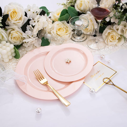 FLOWERCAT 60PCS Pink Plastic Plates - Heavy Duty Pink Plates Disposable for Easter Party/Mother's Day/Wedding - serving 30 guests Include 30PCS 10.25inch & 30PCS 7.5inch