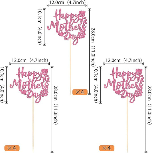 12 PCS Happy Mother's Day Centerpiece Sticks Double Sided Glitter Rose Love Best Mom Centerpieces for Happy Mother's Day Theme Table Flower Decorations Women Birthday Party Supplies Pink