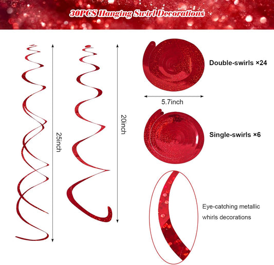 Fumwase 30PCS Hanging Swirl Party Decorations Shinny Foil Plastic Party Streamer for Ceiling Ornament Set for Home School Birthday Wedding Halloween Decorations (Red)
