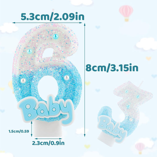 Blue Baby Birthday Number Candles, Birthday Candles for Cake, Glitter Number 6 Candle Cake Topper with Sequins for Baby Boys Girls, Baby Baptism Birthday Party Cake Decorations