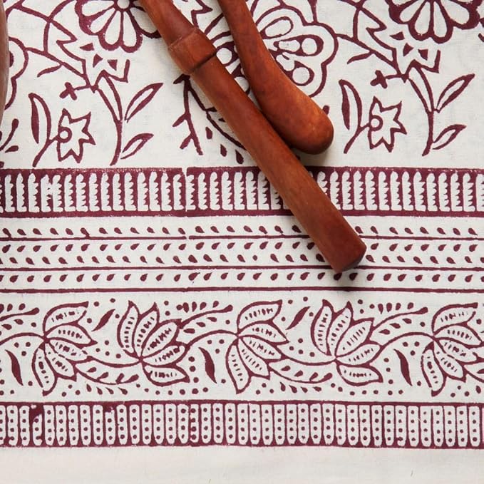 Block Print Cotton Dining Table Cloth, 90" x 60", Rectangle Tablecloth, Decorative Fabric Table Cover, Holidays, Thanksgiving, Christmas, Weddings, Housewarming Gift (Beige Red Floral)