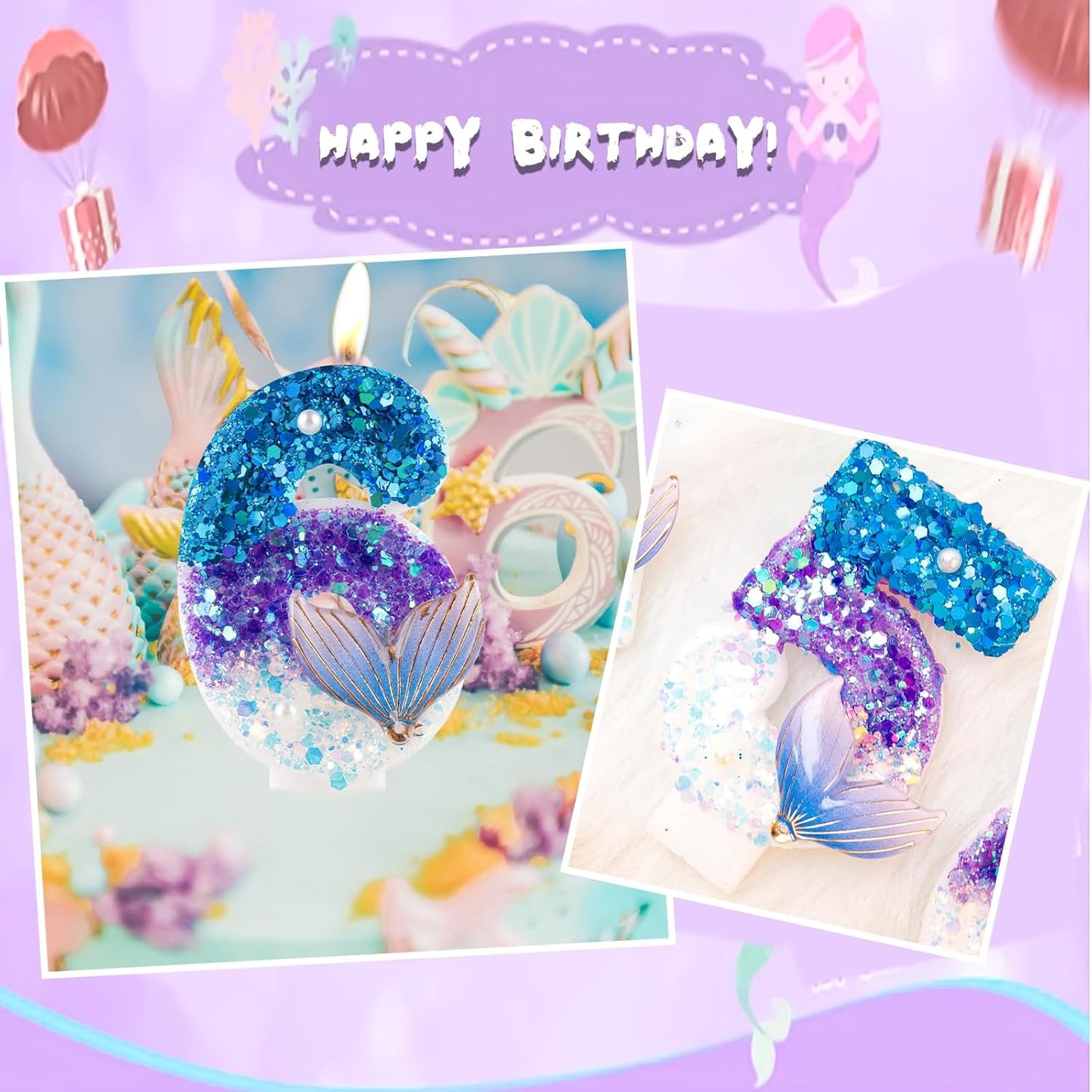 Sparkler 5 Birthday Number Candles,Blue Purple Pearls Mermaid Tail Number Birthday Candles for Girls Women Birthday Cakes Mermaid Themed Birthday Decorations Party Favors Number 5 Candle Cake Topper