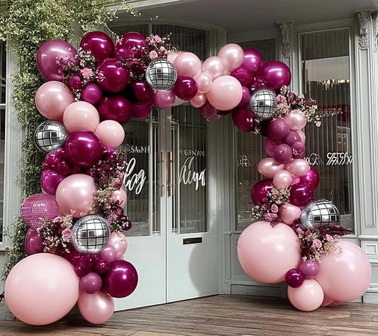 Purple Pink Balloon Arch Double Stuffed Burgungy Pink Pearl Balloons Plum Silver Disco Balloon Garland for Birthday Prom Bridal Shower Mother’s Day Wedding Music Theme Party Decoration