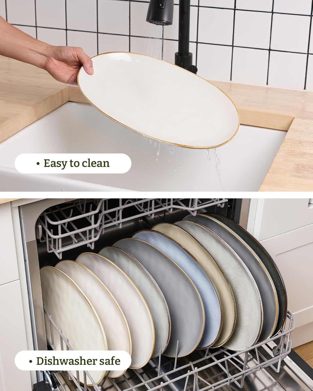 famiware Serving Platter, Oval 15.59/14.3/12.9inch Serving Dishes for Entertaining, Serving Bowls, Microwave Safe, Stoneware Serving Trays for Party, Food, Turkey, Cheese, Ocean Series, Vanilla White