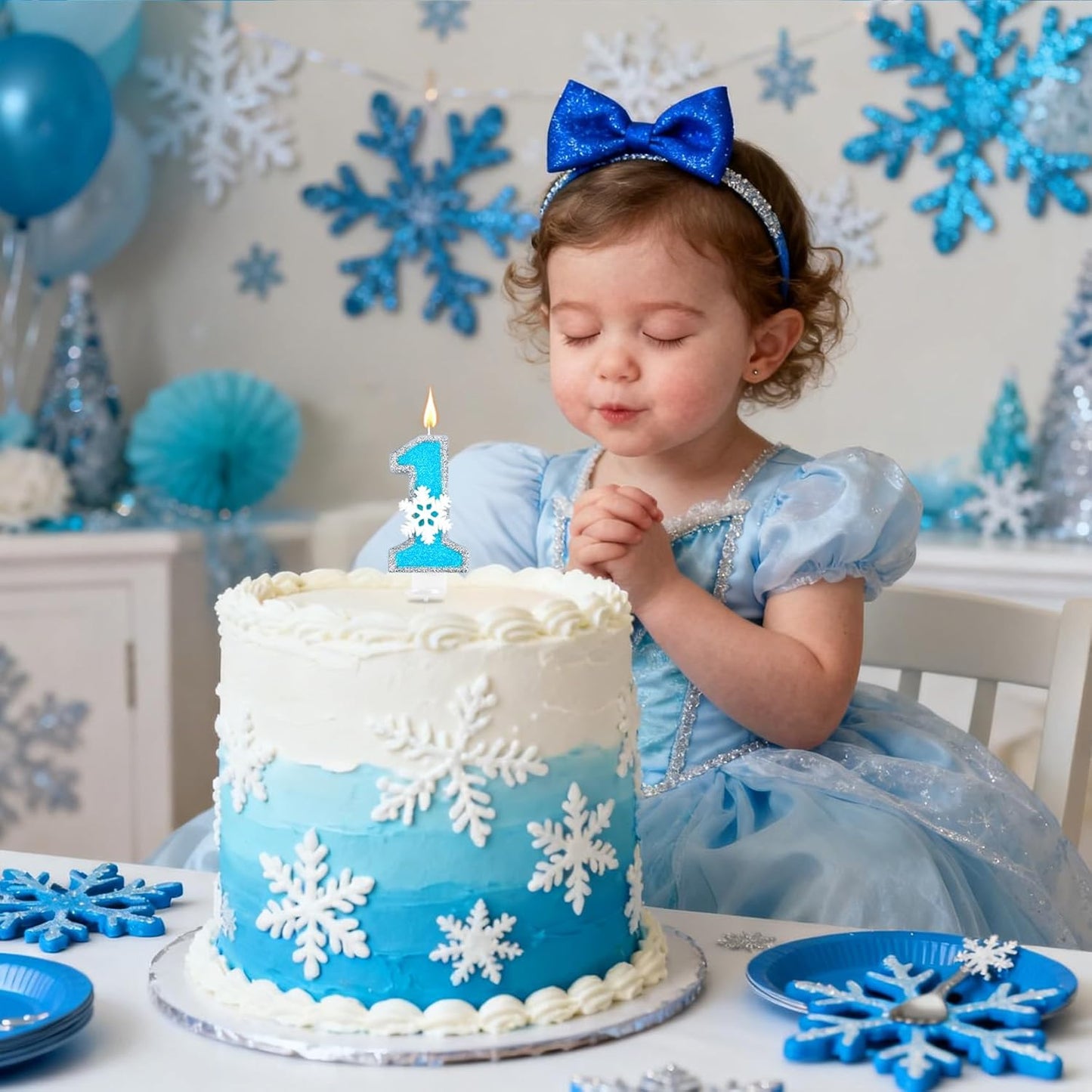 Frozen Themed Birthday Candles Party Decorations, Blue and Silver Number 1 Birthday Candle, Happy Birthday Candle for Cake, Snowflake Cake Topper Decoration for 1st 1 Year Old Party Favor Supplies