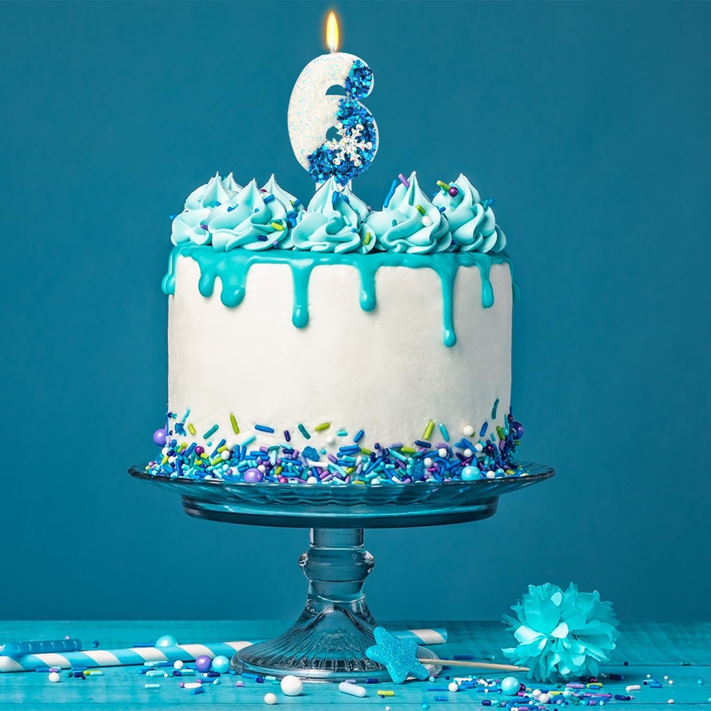Snow Themed Birthday Candles, 6th Birthday Candle for Party Supplies, Winter Birthday Party Supplies, 2.76 inch Number 6 Cake Topper Decoration (Number 6)
