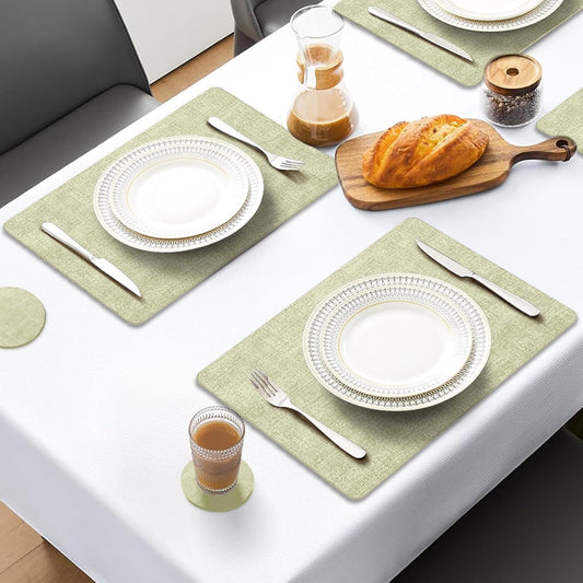 MOSAYT Faux Leather Placemats Set of 4, Heat Resistant Vinyl Place Mats with Coasters, Wipeable Washable Waterproof Oil Proof Table Mats for Kitchen Dining Indoor Outdoor, 12" x 18", Sage Green