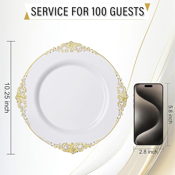Nervure 100Pcs White and Gold Plastic Plates - 10.25Inch Gold Disposable Plates - Heavyweight Dinner Plate for Wedding & Party