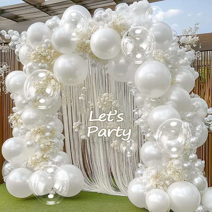 Pearl White Balloon Arch Double Stuffed Pastel White Cream Balloon Garland Different Sizes 12/10/5in With Clear Bobo Balloons For Birthday Wedding Bridal Baby Shower Baptism Engagement Party Decor