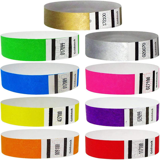 Event Wristbands Super Variety Pack 900 Count | ¾” Arm Bands | Green, Blue, Red, Orange, Yellow, Pink, Purple, Gold, Silver | Paper-Like Party Armbands
