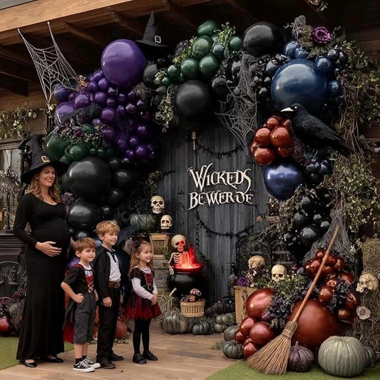 Halloween Balloon Arch Double Stuffed, Dark Green Navy Blue Burgundy Purple Black Balloon Garland Kit for Halloween Birthday Witch Gothic Spooky Magic Party Decoration