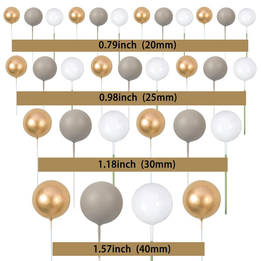 Gyufise 30Pcs Ball Cake Toppers Balls Cupcake Toppers Insert Foam Ball Cake Picks Mini Balloon Cake Decoration for Wedding Baby Shower Birthday Party Cake Decorations Supplies Dark Grey Gold White