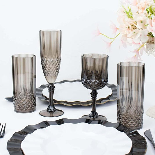 Efavormart 6-Pack Champagne Glasses, 8oz Shatterproof Plastic Crystal Cut Toast Flutes, Black for Party Celebration Wedding
