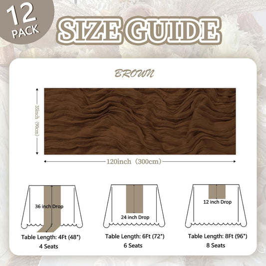 12 Pack Brown Cheesecloth Fall Table Runner 10ft Boho Gauze Fabric Cheese Cloth Table Runner 35 x 120 Inch Rustic Sheer Runner for Thanksgiving Wedding Decor Baby Shower Party Centerpiece Decoration