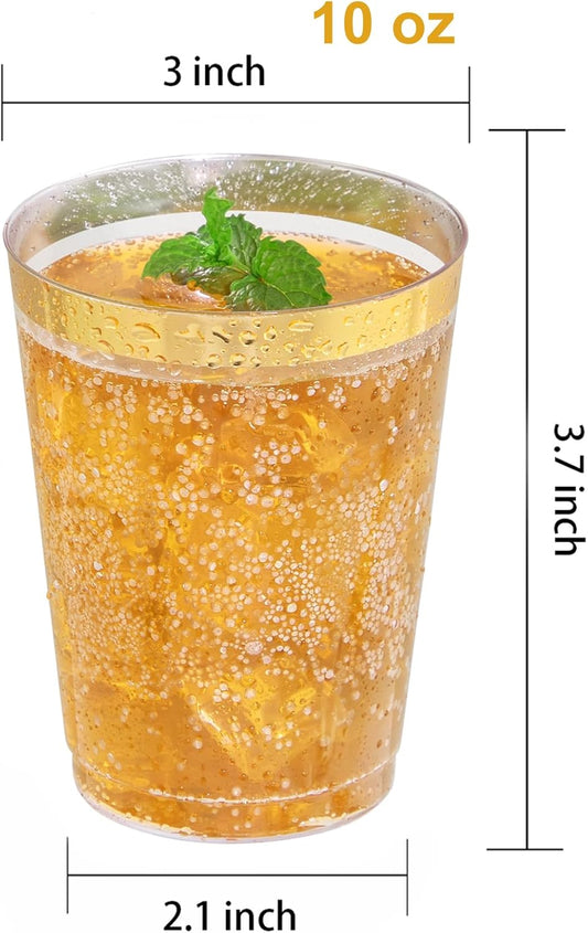 Nervure 120PCS Gold Plastic Cups - 10Oz Gold Rim Plastic Cups - Heavy Duty Disposable Cups - Clear Cup with Gold Rim for Weddings, Birthdays, Gatherings and Party