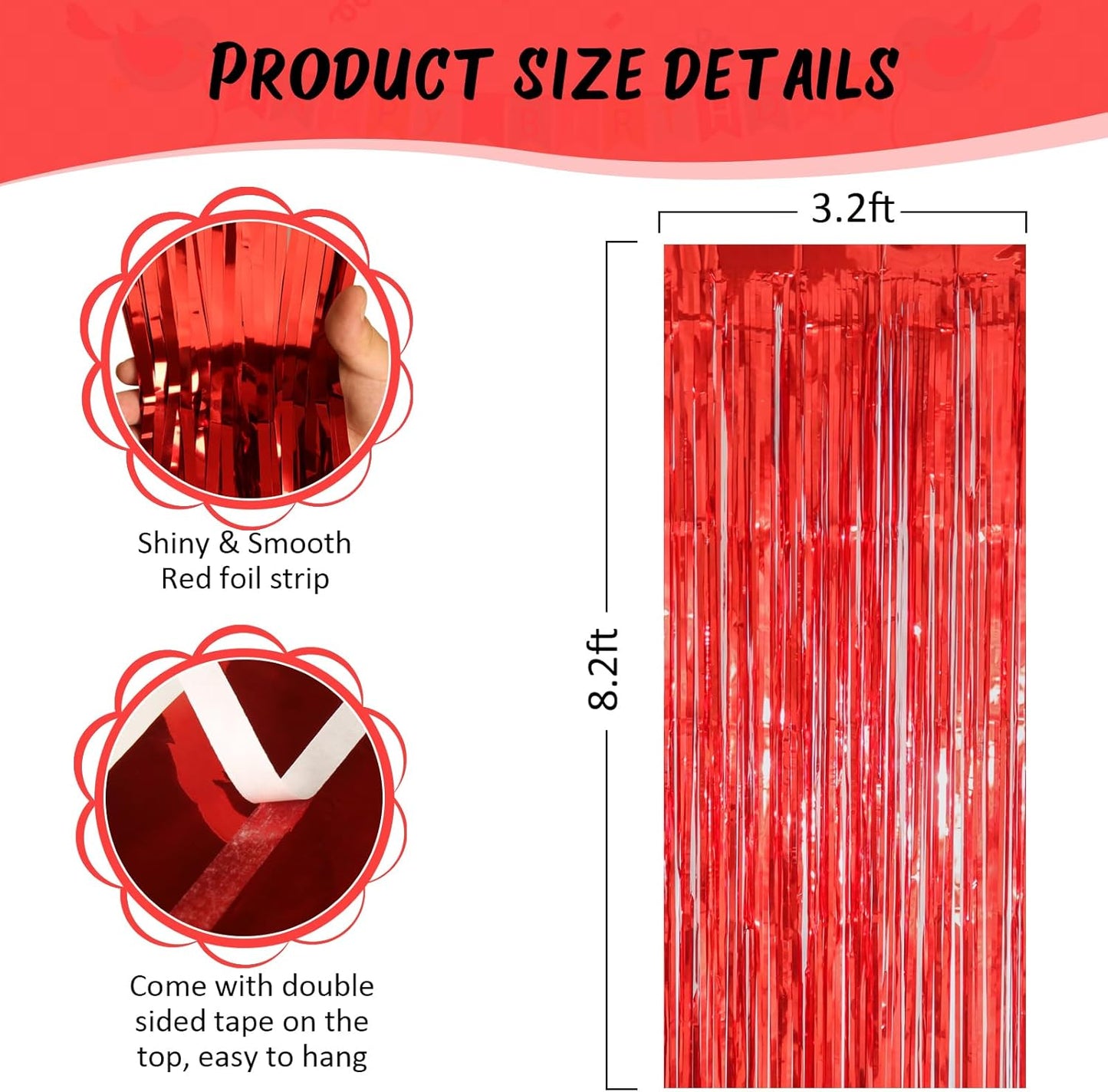 Accevo Red Party Streamers 3 Pack Metallic Foil Fringe Curtains Backdrop Curtains 3.2x8.2 Ft Tinsel Streamers for Parties Valentine's Day Christmas Carnival Decorations Casino Theme Party Decor
