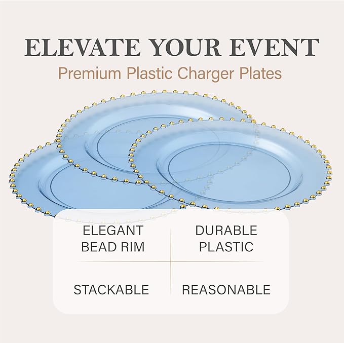 PLASTICPRO Translucent Blue with Gold Rim Plastic Charger Plates with Beaded Edge – Pack of 8 – 13" Elegant Round Disposable Chargers for Weddings, Events, Parties, and Dinners
