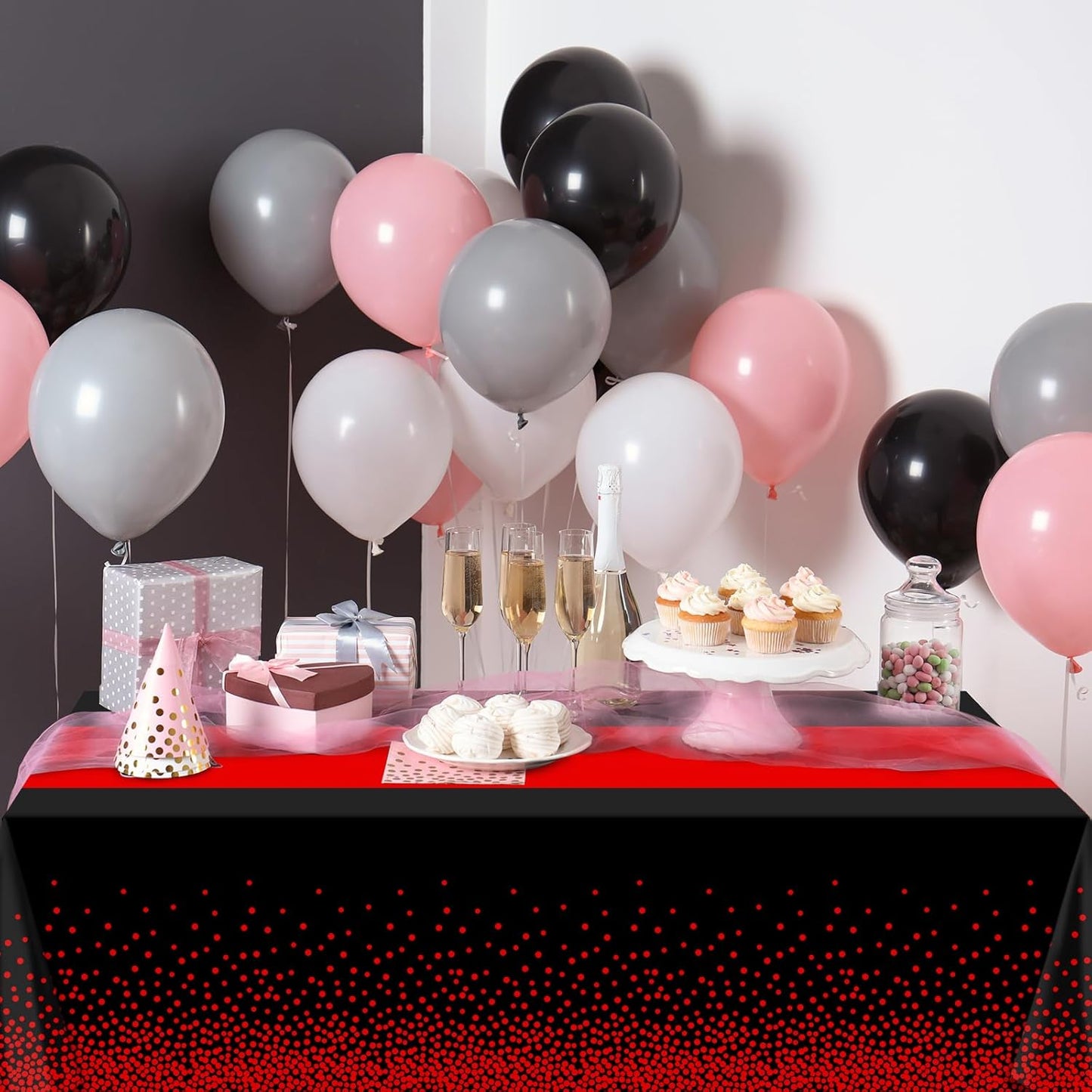 MASHAN 3Pcs Black and Red Tablecloth Party Decorations,Plastic Black Table Cloth Printed Red Table Runner Disposable Rectangle Cover for Birthday Weeding Anniversary Graduation Party,54 x108 Inch