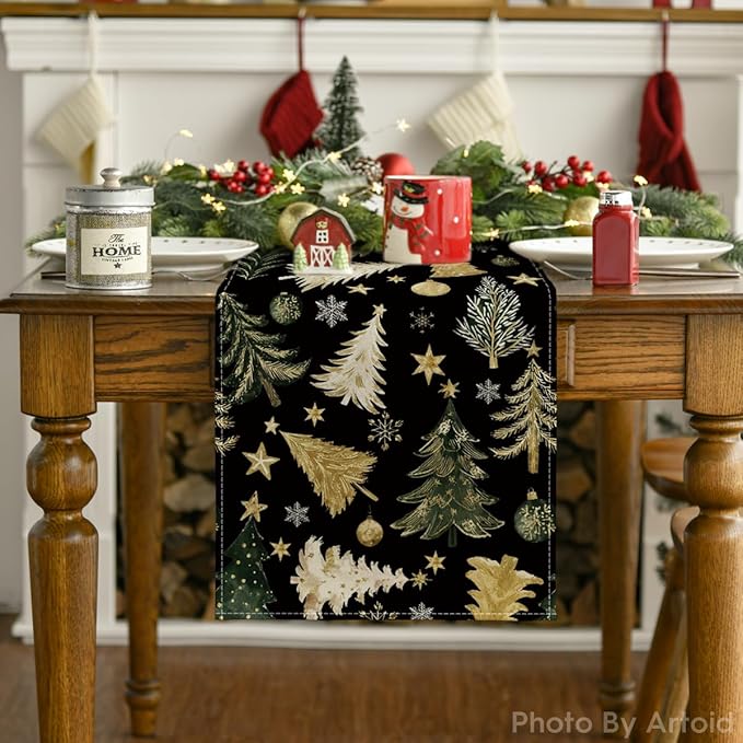 Artoid Mode Gloden Pine Trees Snowflake 210 GSM Christmas Table Runner,Xmas Balls Winter Holiday Kitchen Dining Table Decoration for Home Party Decor 13x120 Inch