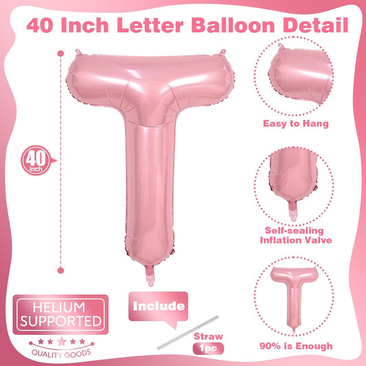 40 Inch Pastel Pink TWO Letter Balloons, Light Pink TWO Balloon Letters with Ribbon, Pearl Pink Alphabet TWO Balloon for Kid Girls 2 Year Old Birthday Second 2nd Anniversary Party Decorations