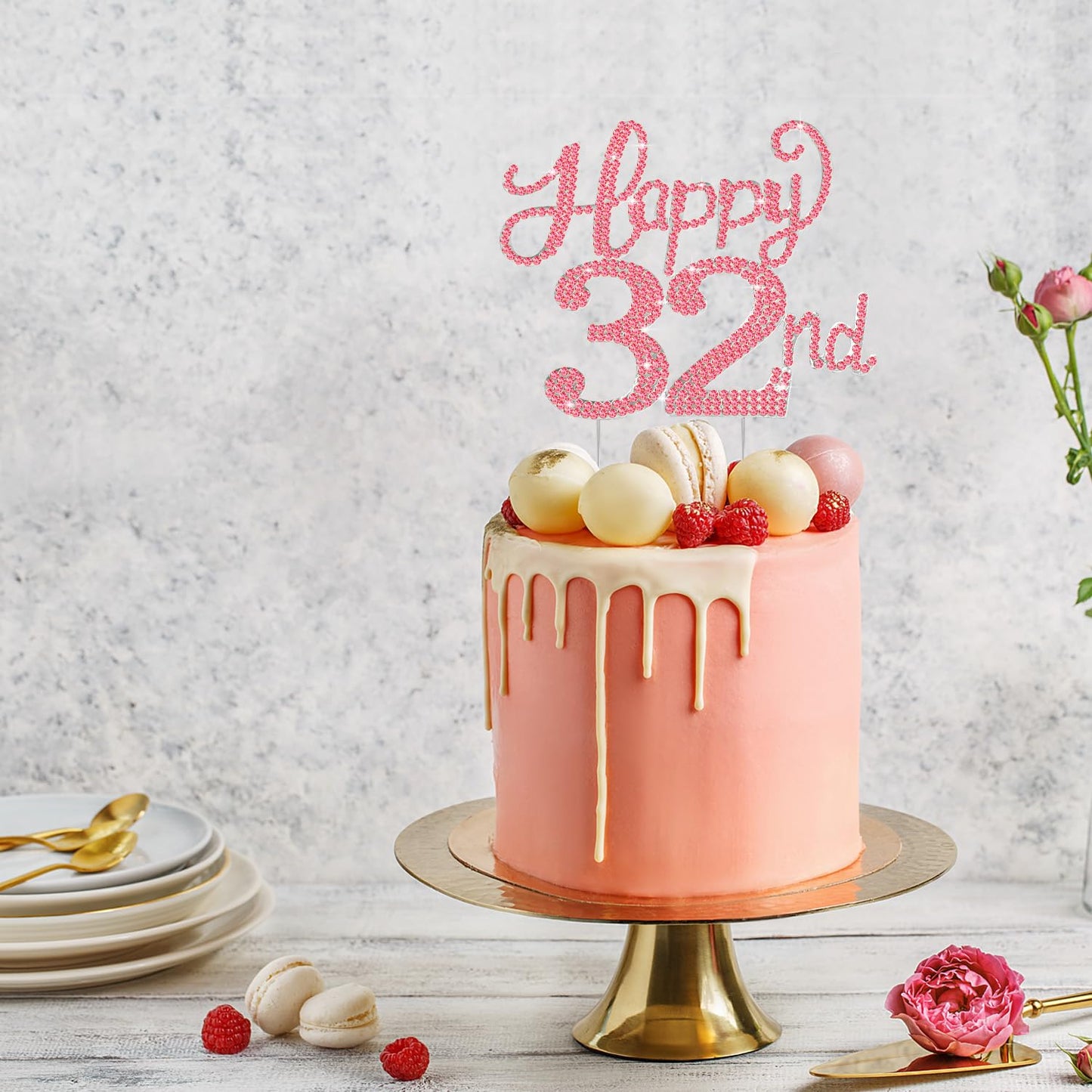 Happy 32nd Birthday Decorations,32nd Birthday Silver & Red Rhinestone Cake Topper - Cheers to 32 Years Old Bday Party Metal Sparkly Cake Centerpieces Sign.