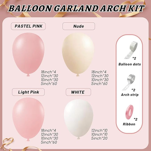 412Pcs Pink Balloon Arch Garland Kit,18 12 10 5 Inch Pink White Balloon Arch Garland Kit Include Nude Balloons for Birthday Shower Princess Theme Party Wedding Decorations